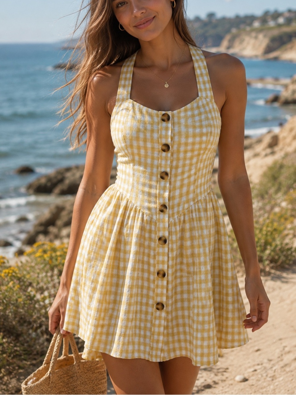 Camila Coelho Rizzel Yellow Gingham Linen Blend Halter Mini Dress